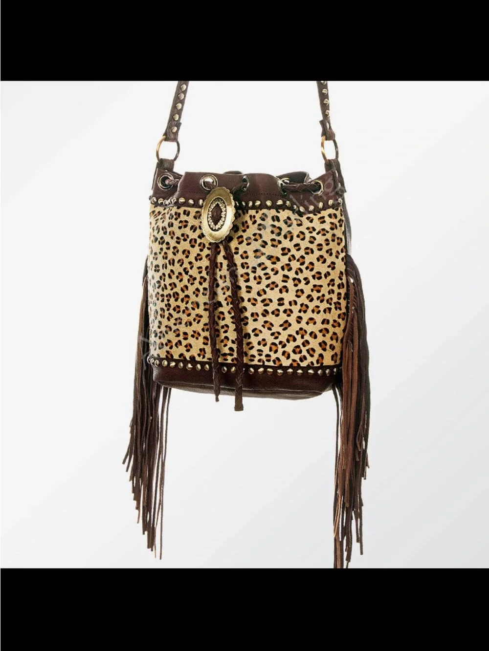 American Darling Leopard Print Fringe Bucket Bag - Brown